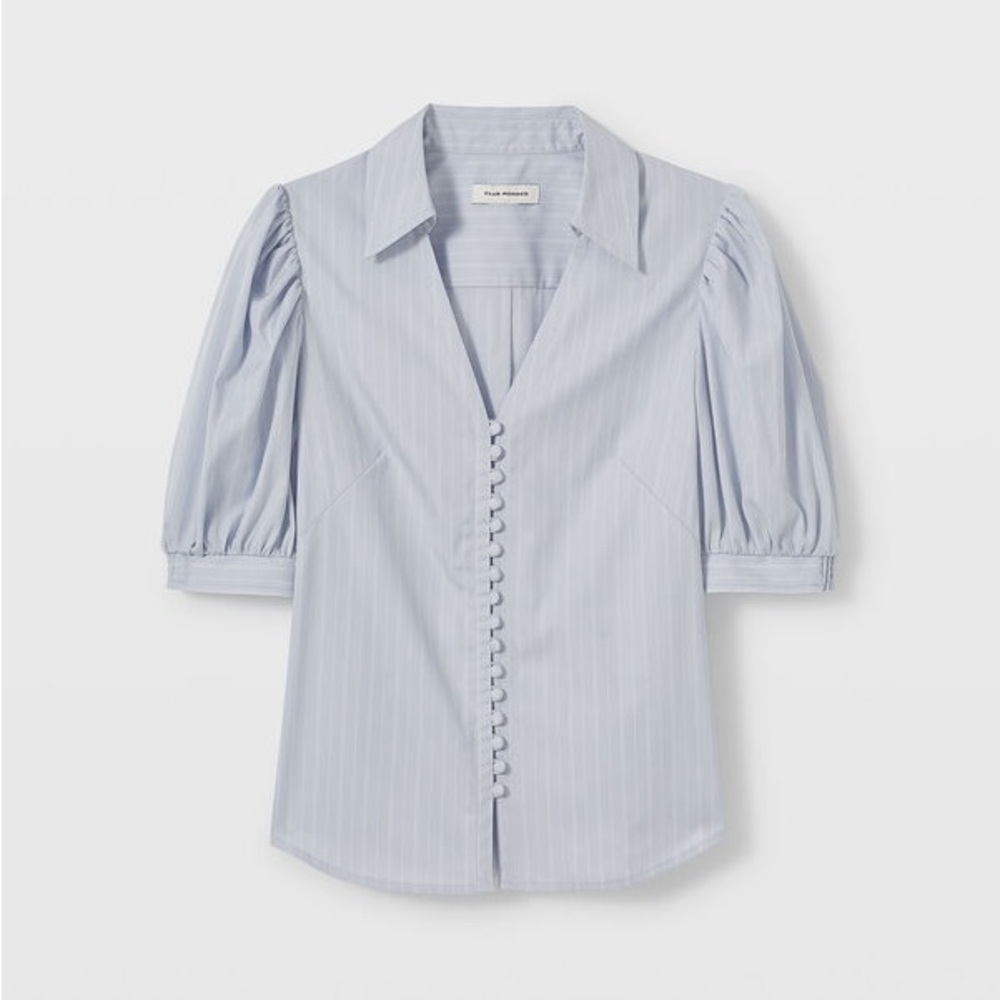 Club Monaco Button Front Puff Sleeve Shirt Blue Stripe